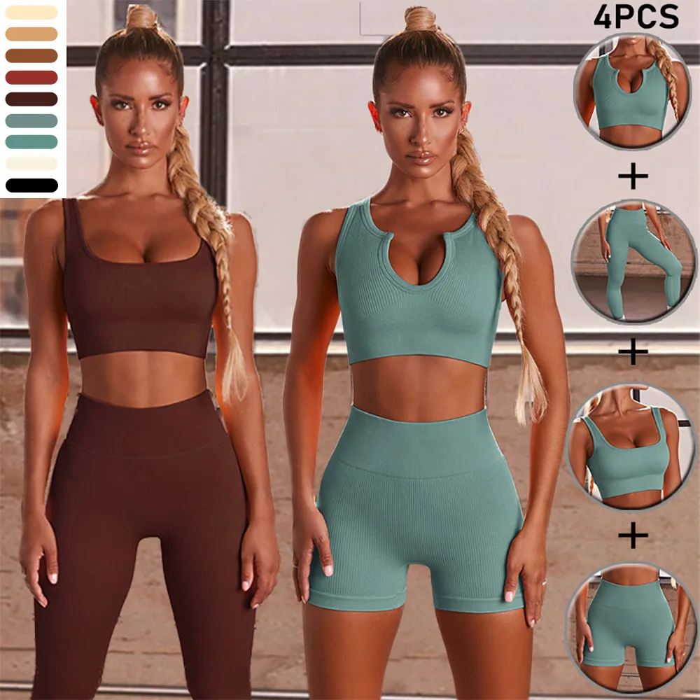 4pcs Seamless Knitted Thread Yoga Suit Female Stripe Sports Bra Vest Running Pants Shorts Fitness Suit Workout Clothes for Women