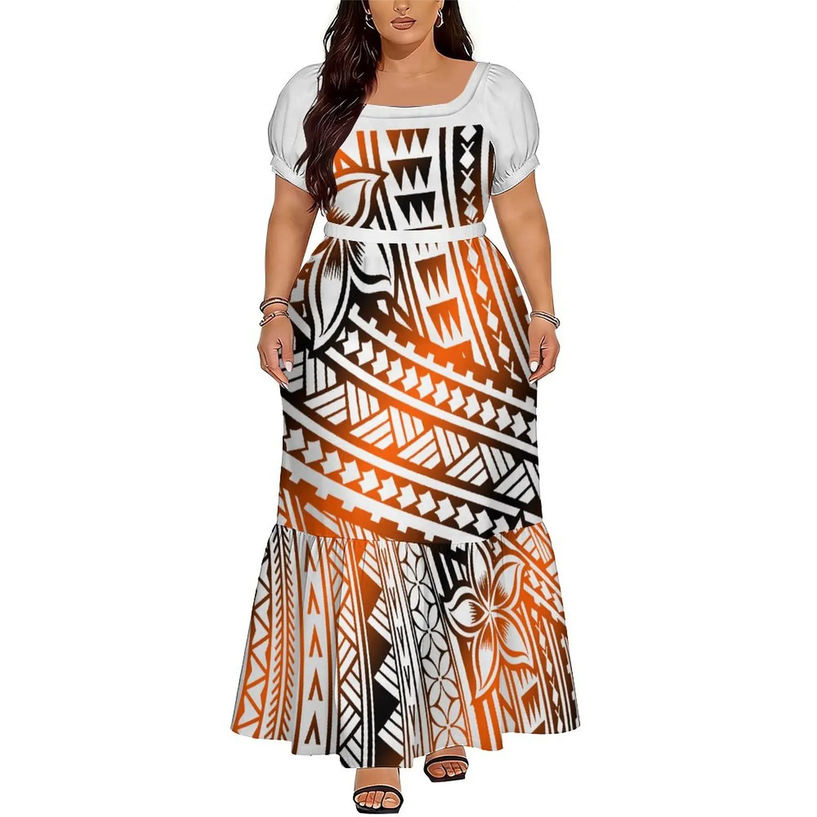 Polynesian-Style Custom-Made Dress Summer Vintage Tribal Patterned Design V-Neck Short-Sleeved Fitted Long Dress