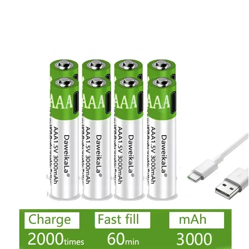 USB AAA Rechargeable Batteries 1.5V 3000mAh Li-ion Battery for Remote Control Mouse Electric Toy Battery + Type-C Cable