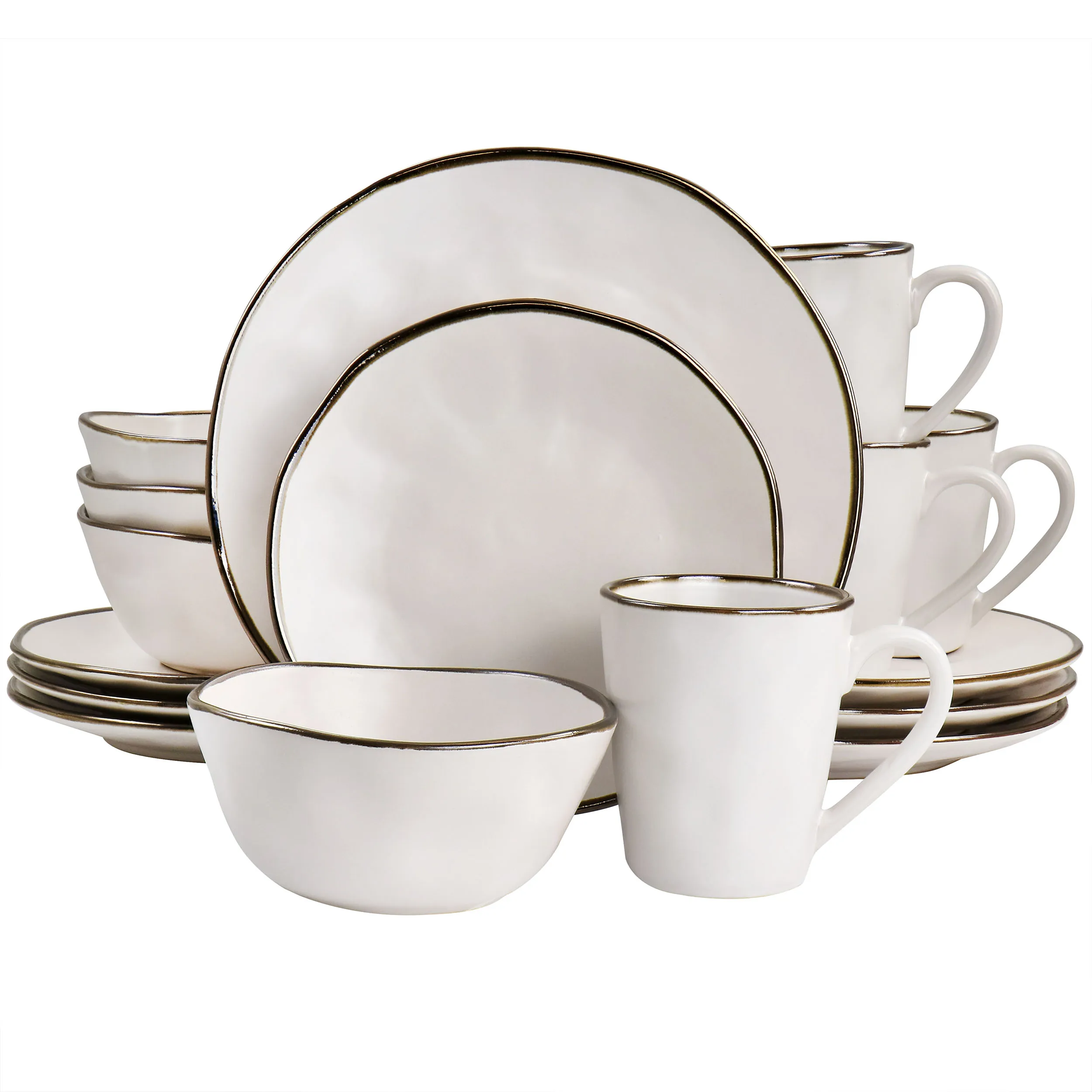 

Modern 16-piece stoneware dinnerware set matte white finish gold rim elegant tableware for everyday use