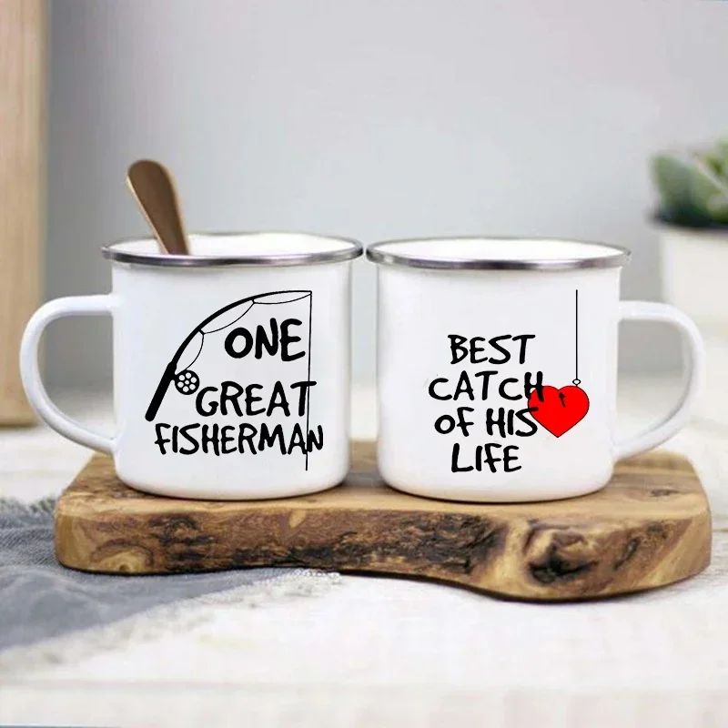 Funny Coffee Cup One Great Fisherman Best Catch of His Life Couple Mugs Creative Enamel Camping Mug Handle Gift for Wife Husband