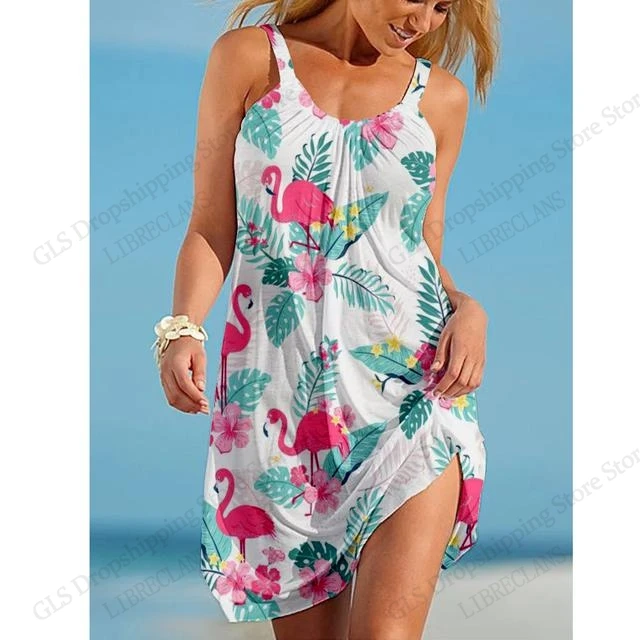 2026 Neues florales Damen-Flamingo-Strandkleid, ärmellos, elegantes Kleid, Damenmode, Sommer, Mini-Trägerkleid, Berufung, Bohemian-Stil