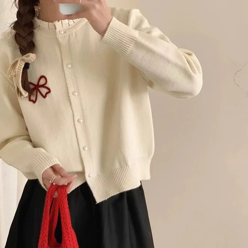 Women's Clothing New 2024 Autumn Wooden Earring Bow Knitted Cardigan Adolescent Girls Women's Long Cardigan Outerwear