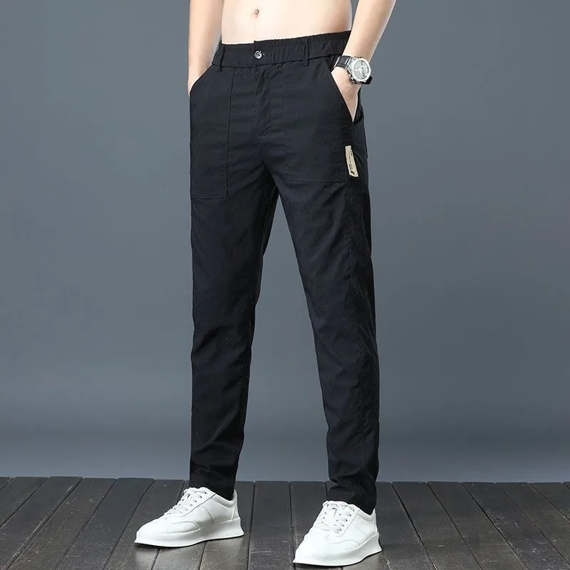 

Новые летние повседневные брюки из ледяного шелка, мужские прямые эластичные быстросохнущие брюки, облегающие универсальные спортивные брюки