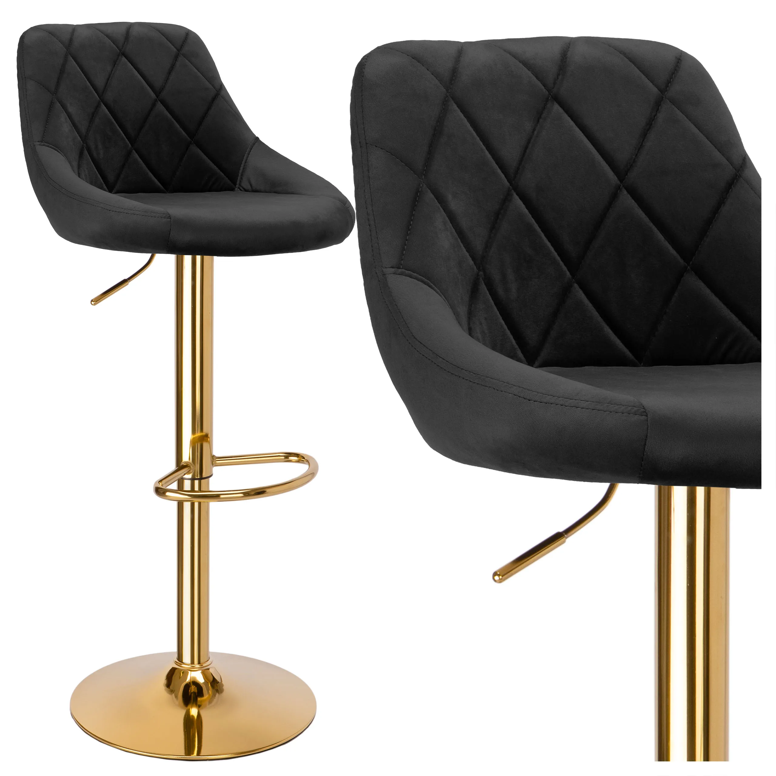 

Modern Bar Stools Grey Black Velvet Swivel Counter Height Bar Stool Adjustable Bar Chairs Set with Mid Back and Gold Footrest