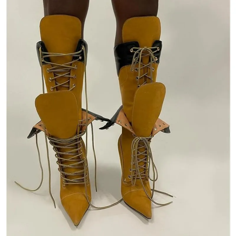 Botas à talons hauts patchwork en daim jaune pour femmes, botas puntiagudas Parker, talon aiguille, chaussures sexy au genou, 2025