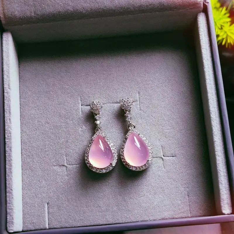 Chinese-style inlaid jadeite green chalcedony drop earrings, new Chinese-style pink chalcedony stud earrings, new Chinese-style 6