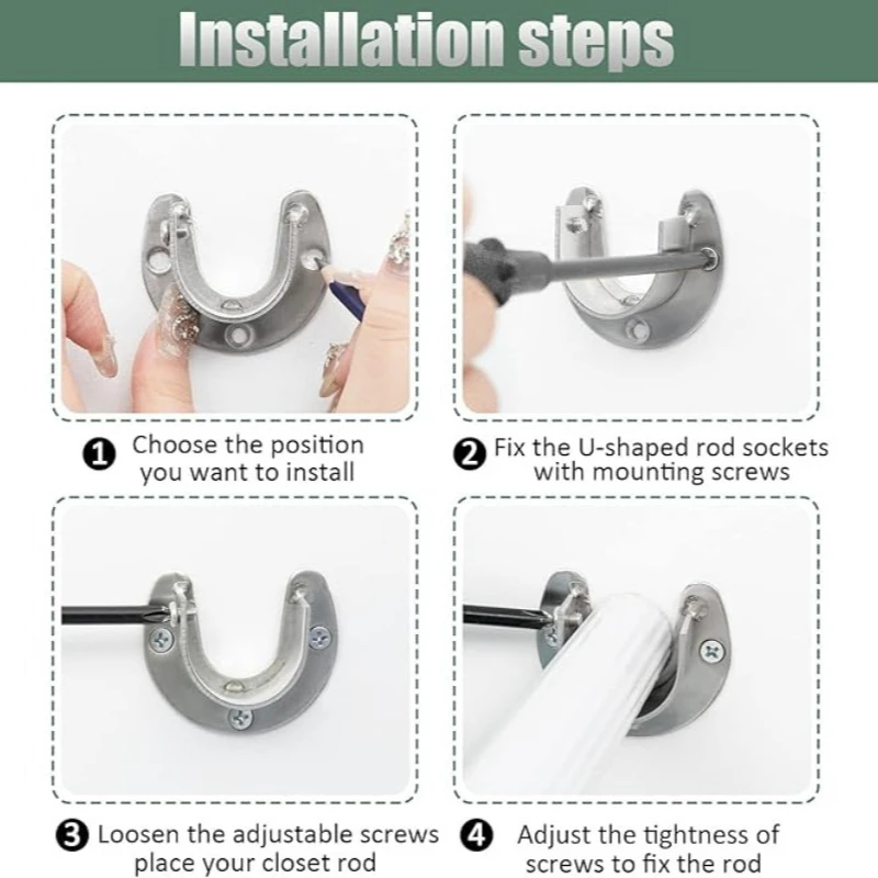 10/2pcs Stainless Steel Closet Rod Brackets Flange Rod Holder Shower Curtain Rod Hook U-Shaped Hanger Bathroom Support Brackets view 6