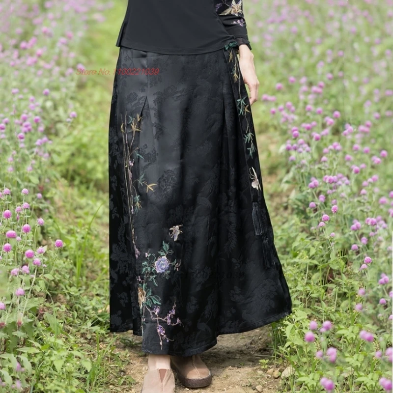 2025 traditional chinese vintage skirt national flower embroidered satin jacquard skirt oriental elastic waist folk a-line skirt