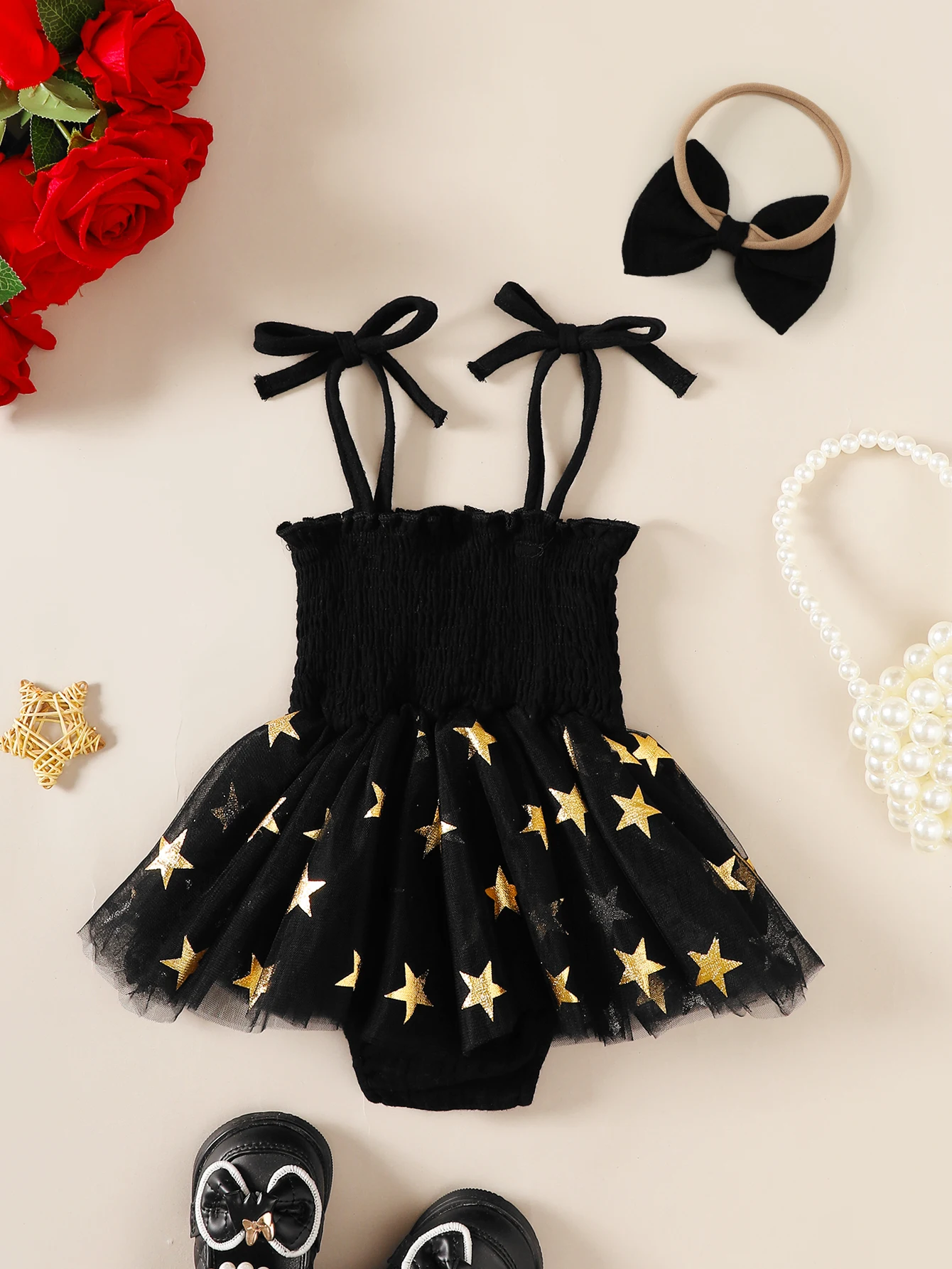 Infant Girl's Letter Embroidered Star Pattern Dress with Headpiece Matching Tulle Skirt for Babies