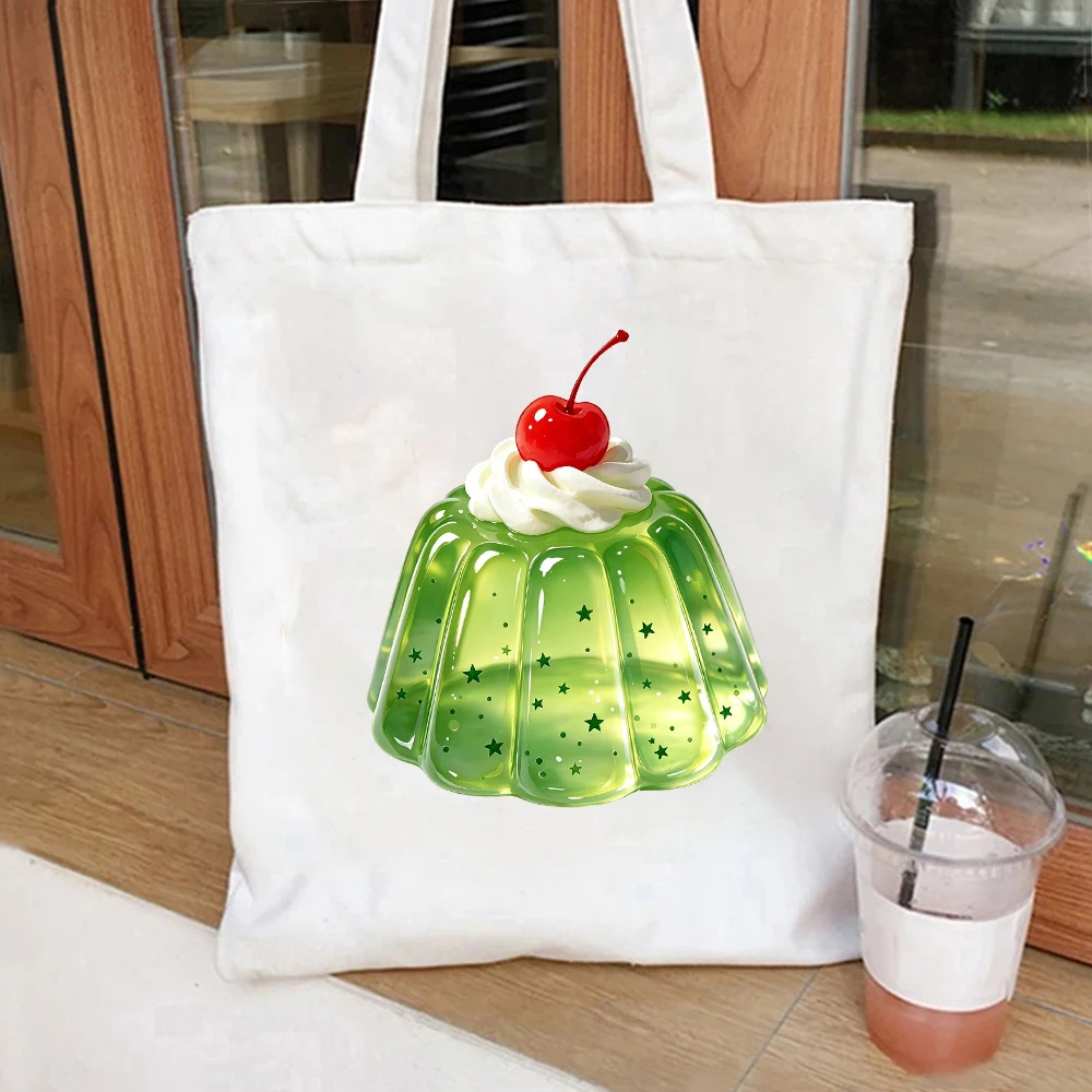 

Green Jelly With Cherry Canvas Tote Bag Kawaii Dessert Shoulder Bag