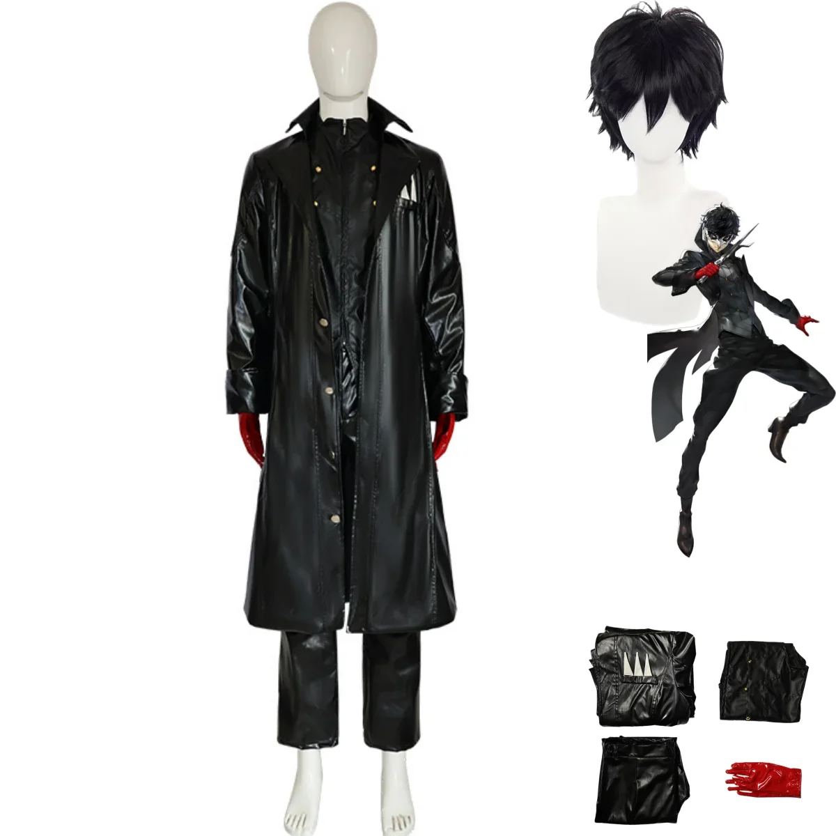 

Anime Game Persona 5 Amamiya Ren Cosplay Costume Joke Wig Black Pu Combat Uniform Coat Adult Man Carnival Halloween Suit