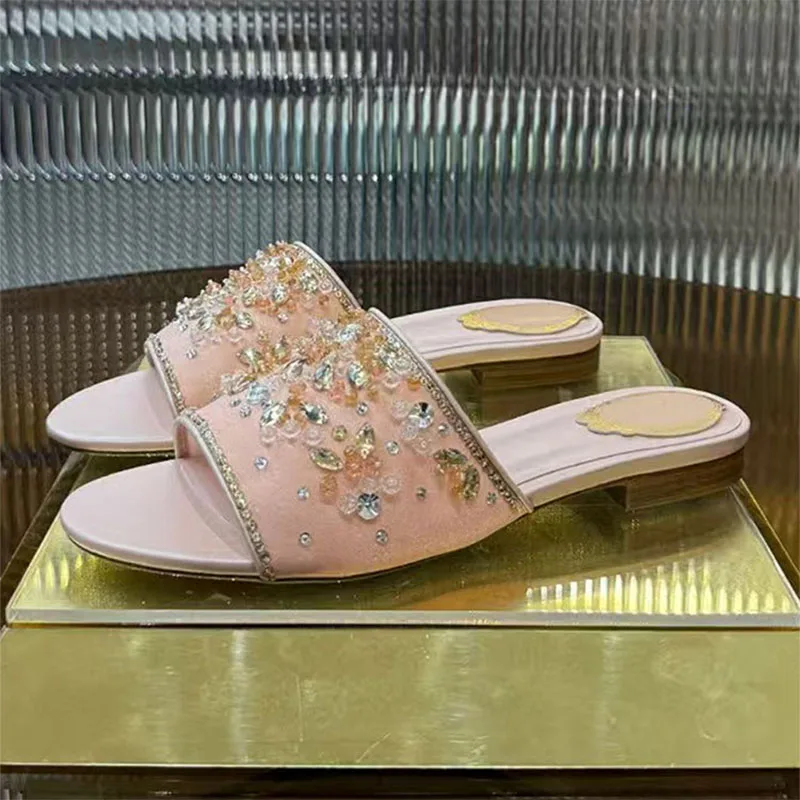 

New Slippers Women Square Heels Rhinestone Party Shoes Woman Summer Slides High Heels Crystal Flower Slippers Woman