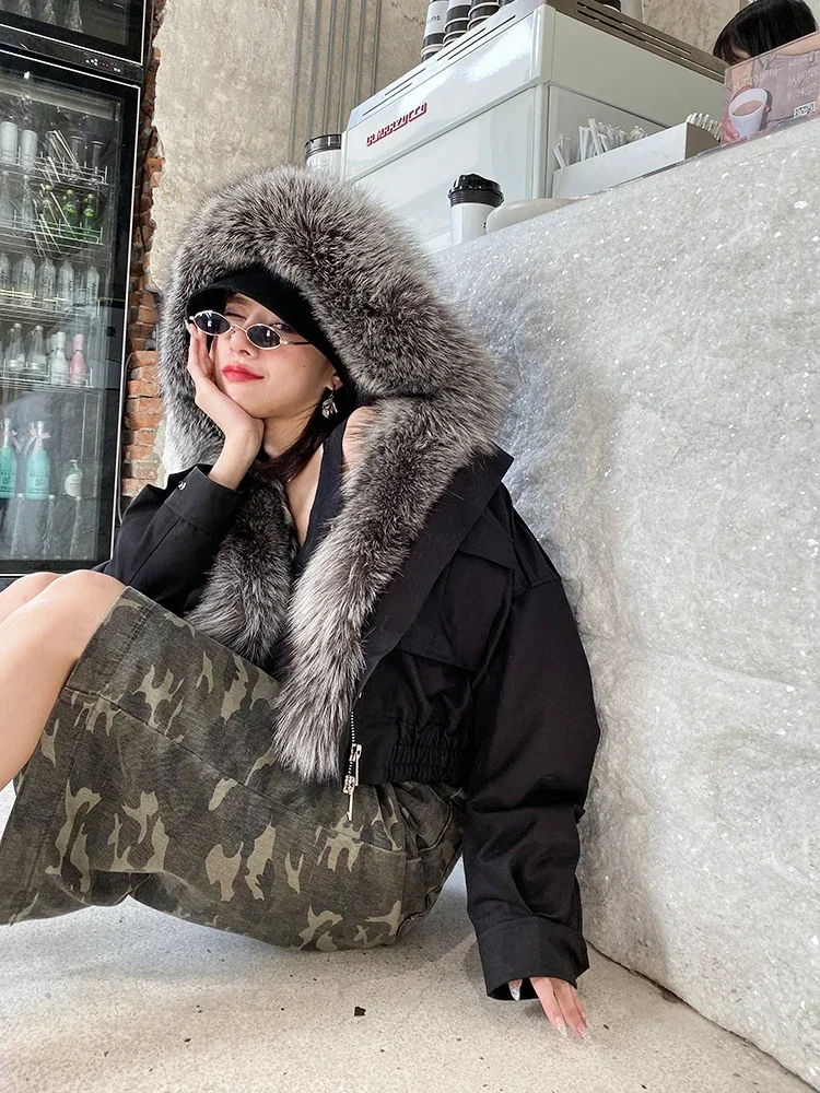 Real Fox Fur Collar Hooded Women\'s Coats High Street Wool Female Jacket Warm Women Parkas Women\'s Clothing Mujer Parkas Zjt915