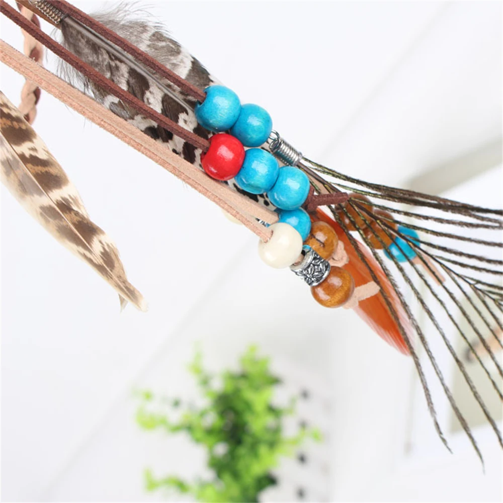 Women vintage Indian Headband Headdress For Girl Adjustable Bohemian Head Rope Bandage Peacock Feather Hair Hoop Band Headwear