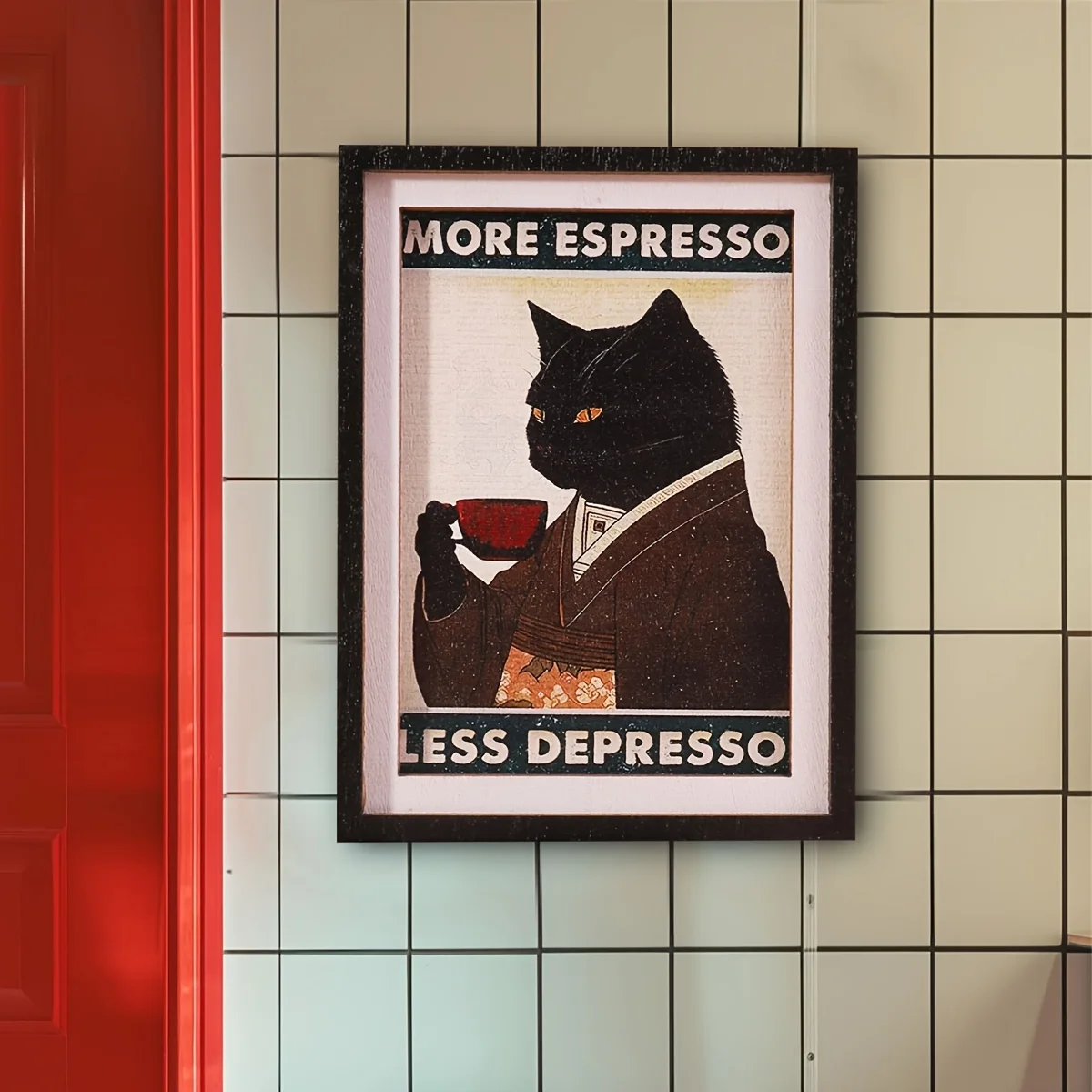 Humorvoller Schwarzer Katzen-Kaffee-Zitat-Magnet, Retro-Gerahmte Kühlschrankdekoration für Kaffeeliebhaber & Katzenliebhaber – Detail 5