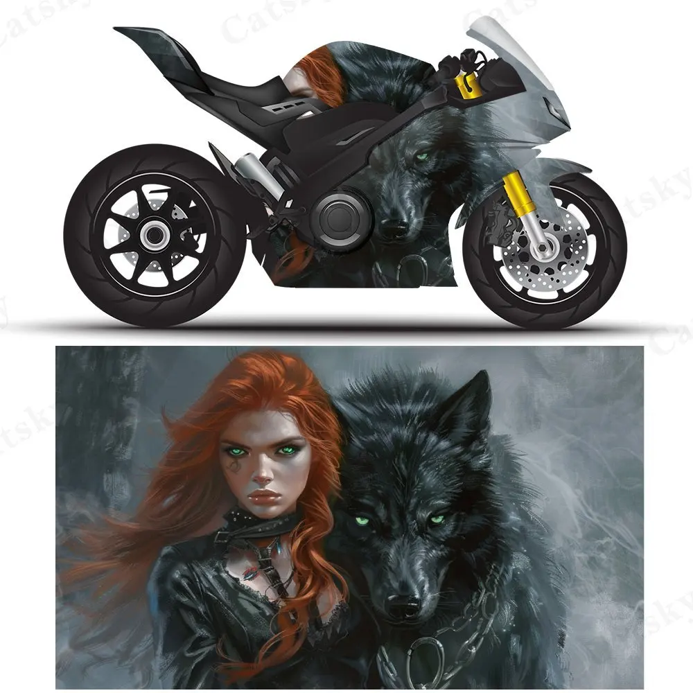 Dark Witch and Spirit Wolf Motorcycle Film Stickers, Durable PVC Adhesive Decals for Motorcycle Customization, Weather-Resistant