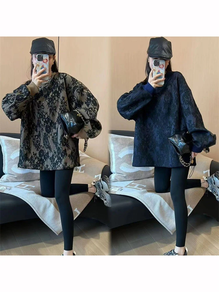 Felpa con cappuccio lunga Sve in pizzo retrò taglie forti 300 Pou Design unico Dstring da donna Unico piccolo irt coreano Sle rotondo Ne