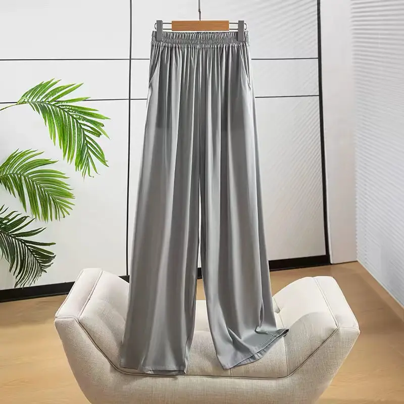 Winsleter-92%Silk 8%Spandex Elegant Trousers, Elastic Waist Solid, Women Versatile Retro Wide-leg Pants, 2026 Summer B67167CC