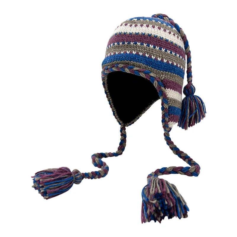 Korean Mixed Color Handmade Knitted Pullover Hat for Men and Women Winter Outdoor Skiing Cycling Ear Protection Bomber Hats