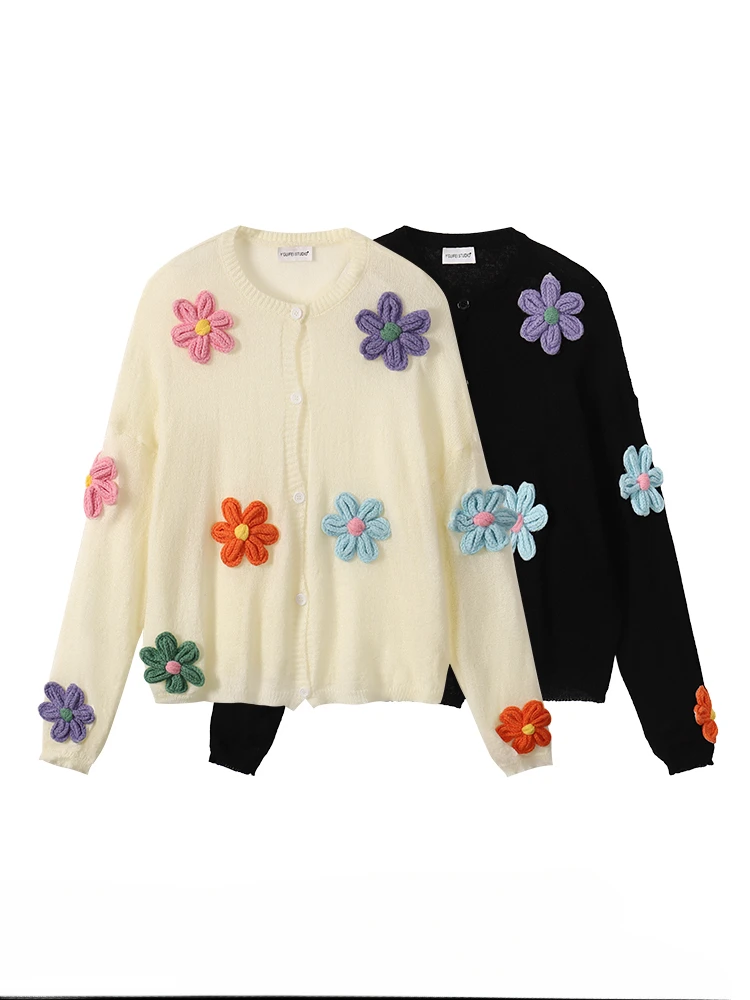 

Sweet Girl O-neck Long-sleeved Three-dimensional Floral Sweaters Cardigan Women's Autumn Soft Waxy Casual Age-reducing Knitwear