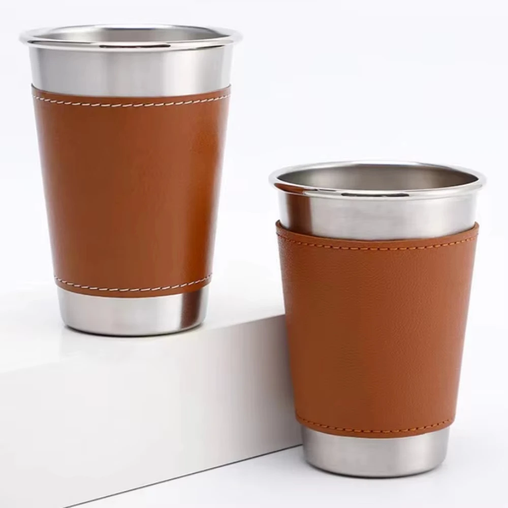 1 Stück Outdoor-Wasserbecher mit Lederbezug, 304 Edelstahl-Trinkbecher, Bier-Kaffee-Becher, Outdoor-Camping-Trinkutensilien