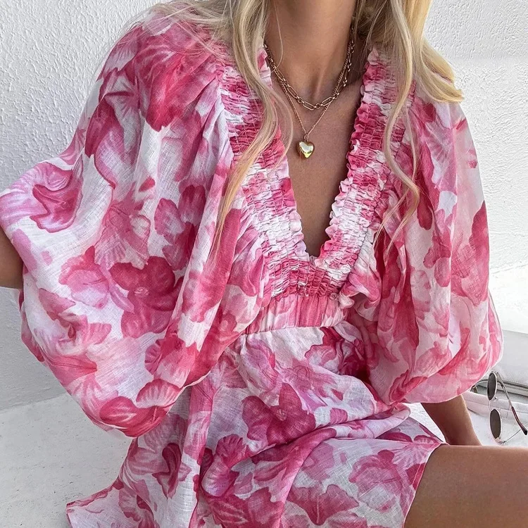 Mini Robe à Manches Bouffantes pour Femme, Col en V Profond, Dos aux, Vintage, Rose, Imprimé Floral, Boho, Plage, ix, Été, Éducatif