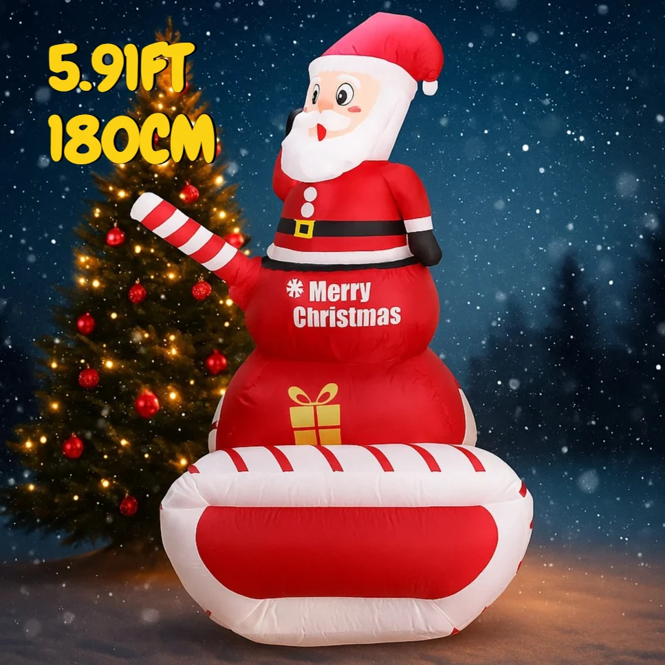 Juguete inflable de 5,91 pies, bastón de caramelo de Papá Noel, trineo, tanque LED, regalo festivo, decoración navideña para patio, suministros navideños, decoración del hogar