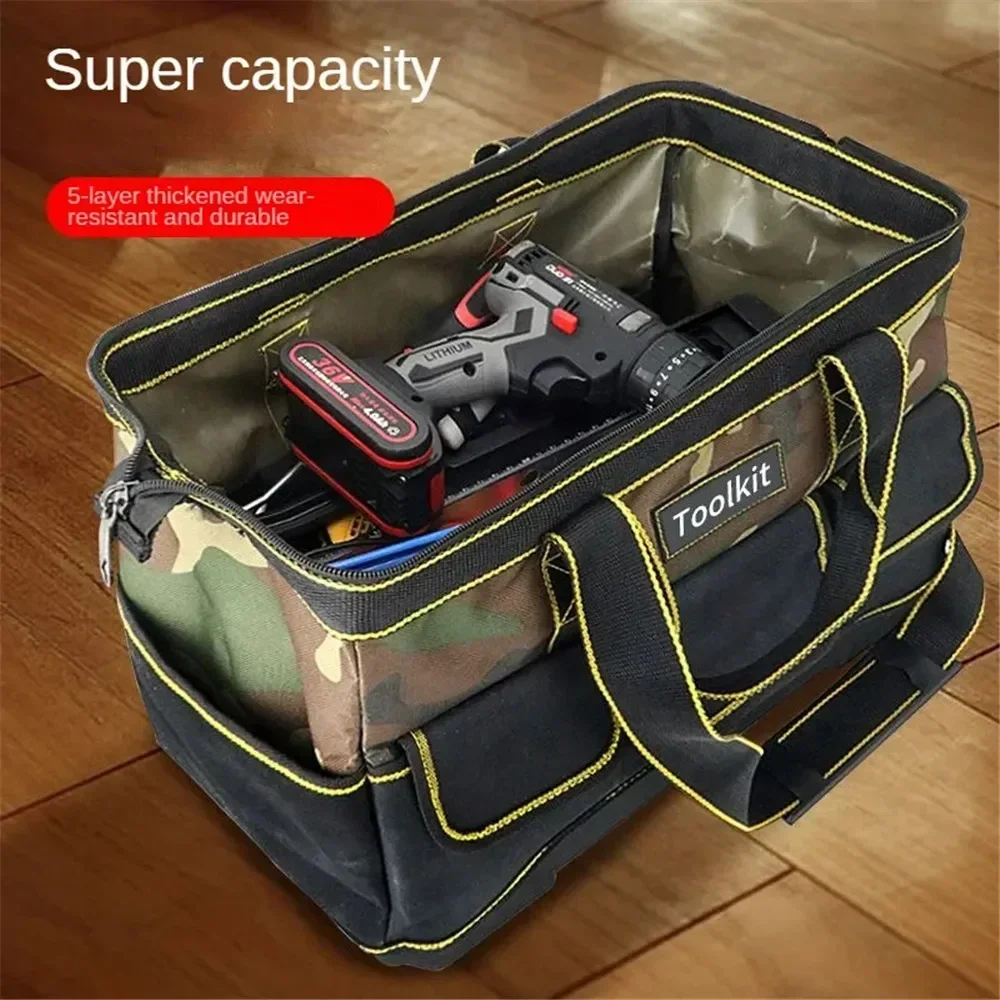 Camouflage Tool Bag with Plastic Bottom Shoulder Strap Multiple Pockets Pounch Tool Storage Organizer for Electrician Tool