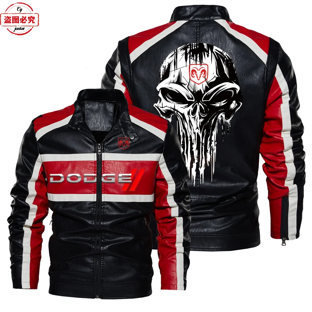 Contrasting leather jacket Dodge car logo retro washed pu leather jacket windproof autumn and winter men's jacket racing suit