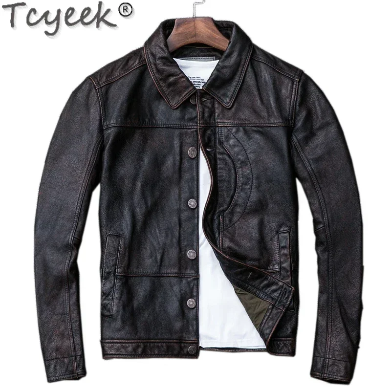 Tcyeek Top Layer Cowhide Leather Coat Men's Clothing Red Brown Genuine Leather Jacket Men Spring Autumn Clothes Lapel Jaquetas