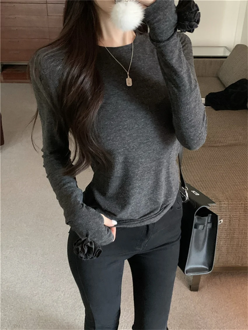 

PLAMTEE Floral Skinny Tees Solid Chic Women Daily Full Sleeve Winter Casual Minimalist Gentle Slim Spring Bottoming T-Shirts