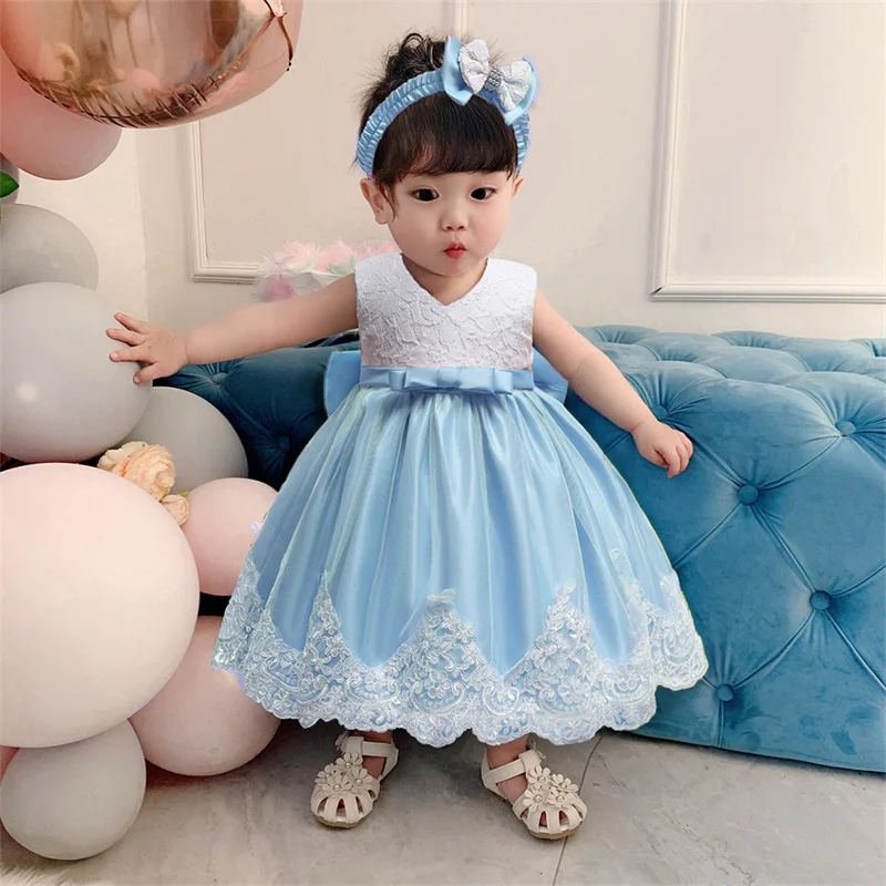 2024 Baby Girls Princess Dress Hairband 2Pcs Elegant Bow Toddler Girl 1 Years Birthday Party Lace Ball Gown Vestidos Kids Dresse