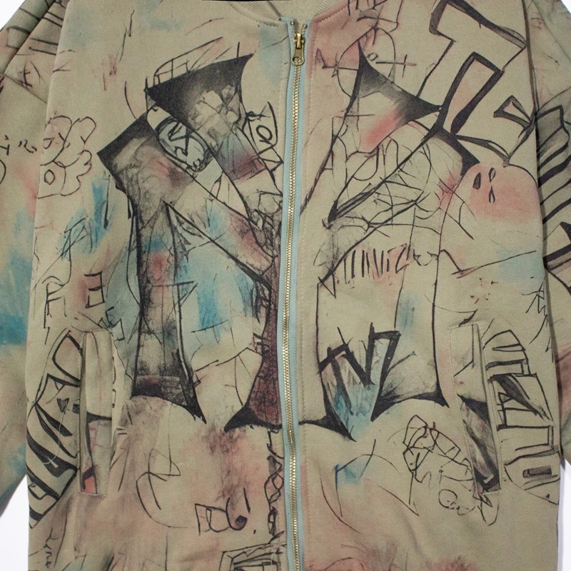 Hip Hop europejski amerykański Streetwear ręcznie malowane Graffiti Vintage Bomber zielony polar kurtka z zamkiem zimowa jesień dla mężczyzn kobiet