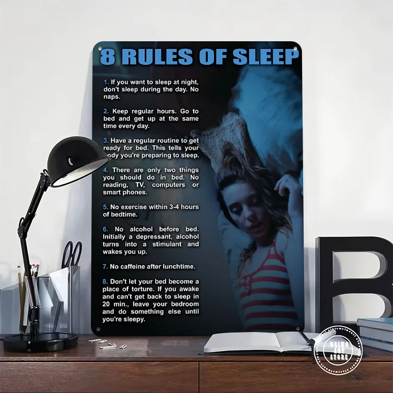 Tips For Better Sleep Poster Customized Vintage Metal Signs Wall Art Retro Tin Plaque for Gaming Room Decoration Cozy Desk Decor