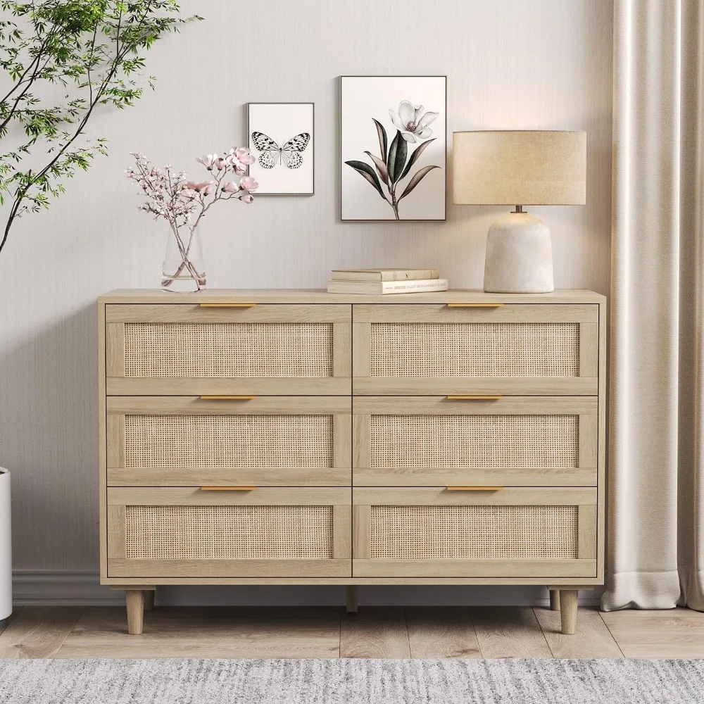 Rattan Dresser for Bedroom, 6 Drawer Wide Dresser, Boho&Farmhouse Chest of Drawers, 43" Clothes Storage Cabinet, Metal Handle image 3