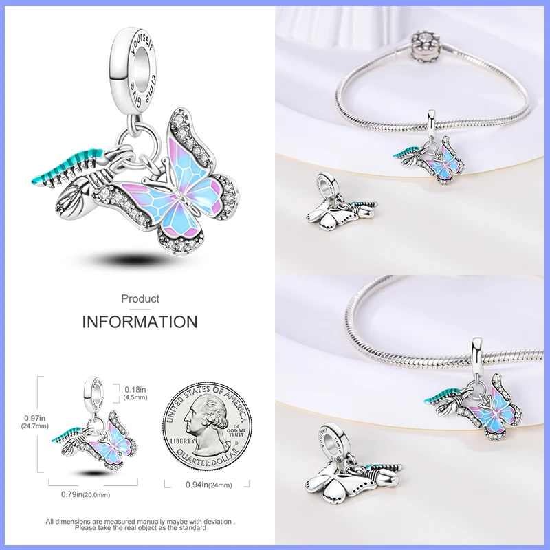 Real 925 Sterling Silver Colorful Butterfly Owl Fairy Charms Beads Fit Qikaola 925 Original Bracelets Necklaces Fine DIY Jewelry