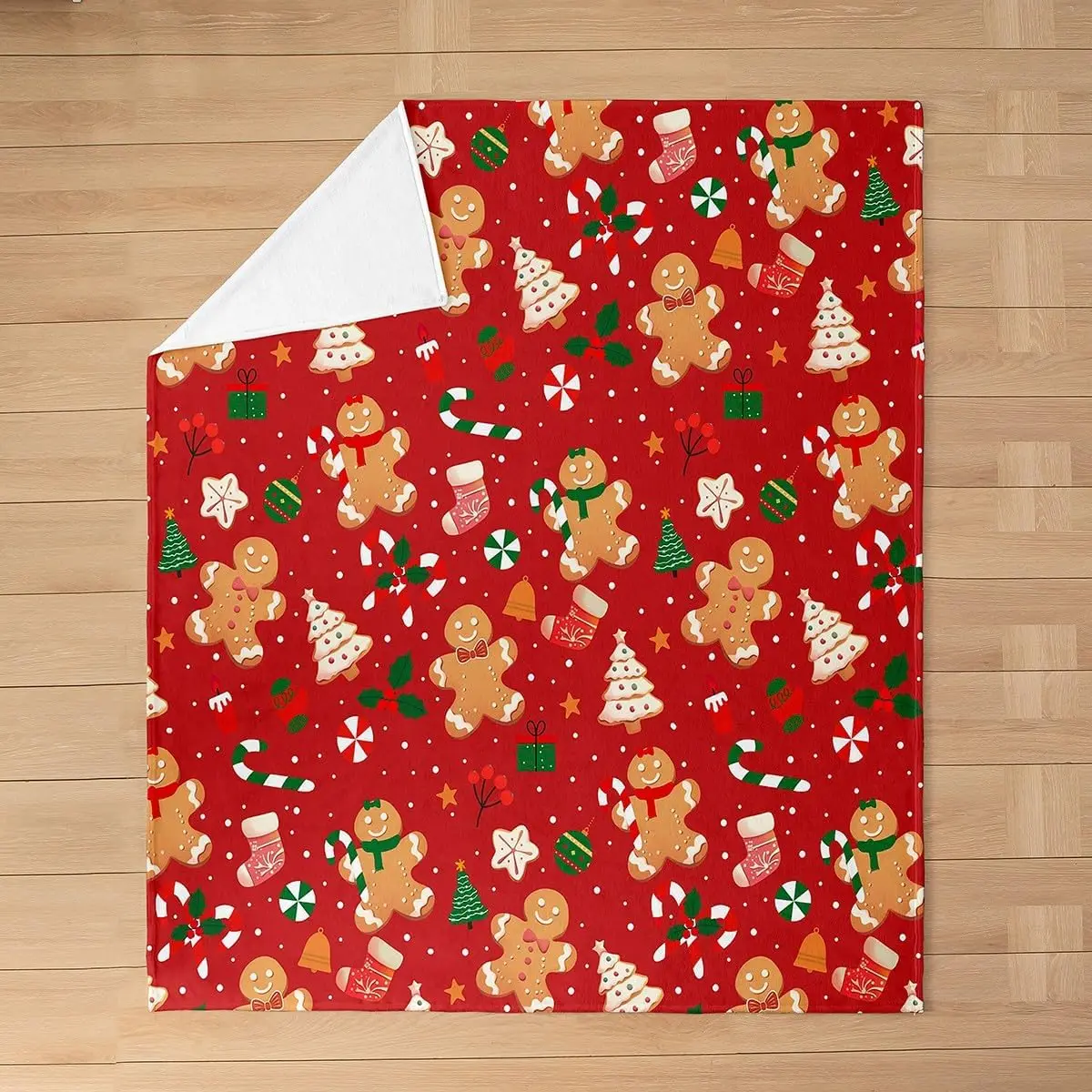 Merry Xmas Fleece Throw Blanket Christmas Tree Flannel Blanket Plush Fuzzy Gingerbread Man for Bed Couch Chair Living Room Red
