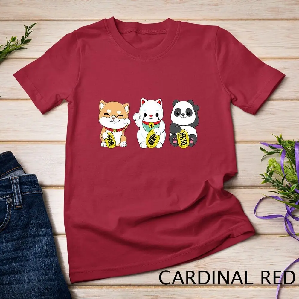 Unisex bonito japonês panda t-shirt, sorte gato e shiba inu