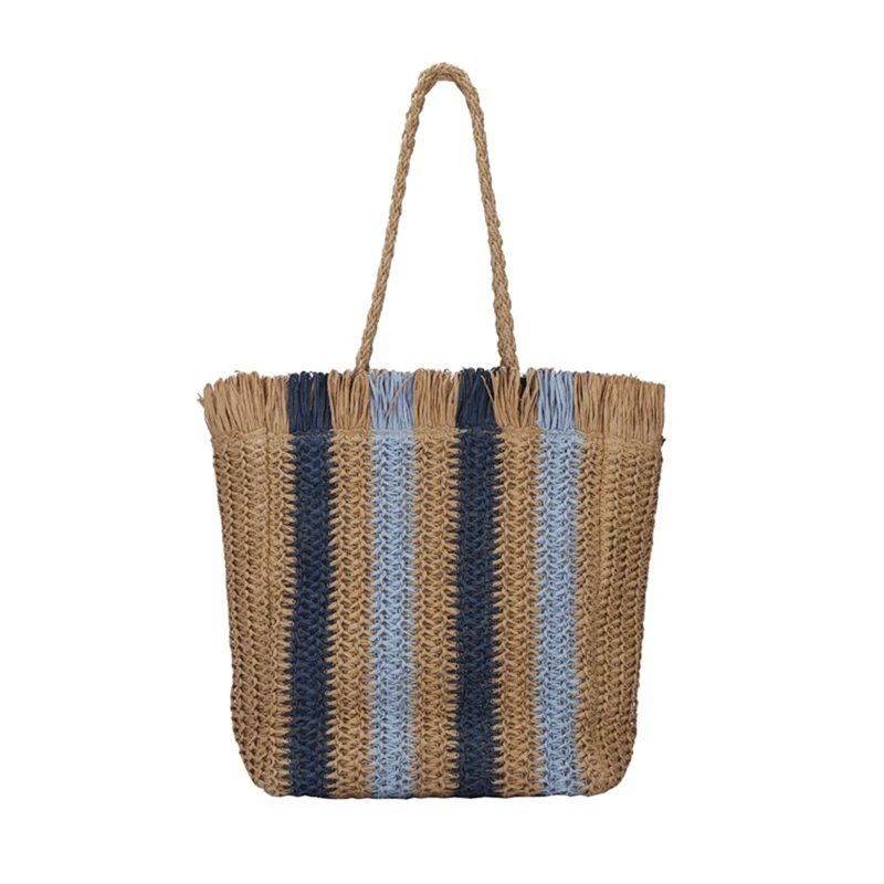 

Striped Beach Straw Bag Large Capacity Shoulder Bag For Women Handmade Woven Handbag Rattan Bag Casual Tote Bag