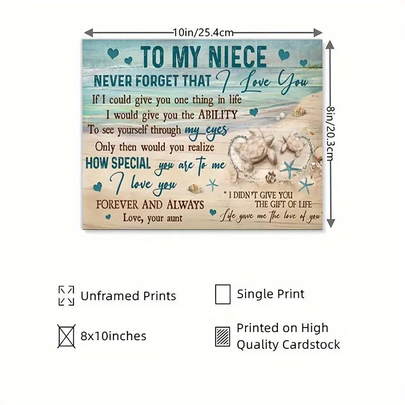 Charming Aunt to Niece Sand Turtle Wall Art - Perfect for Bedroom, Living Room & Office Decor - 8x10