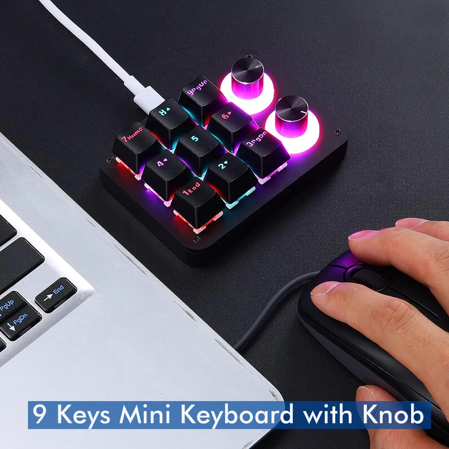 9 Keys Mini Keyboard with Knob One Handed Macro Mini Pad Mechanical RGB LED Backlit 9 Fully Programmable Keyboard for Mac Win