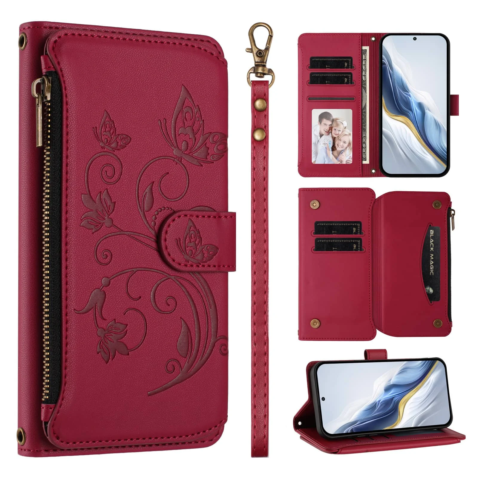 For Samsung Galaxy S9 S8 Plus S7 S6 Edge Flowers Wallet Case, RFID Blocking Flip Phone Case Zipper Card Holder Wrist Strap Cover