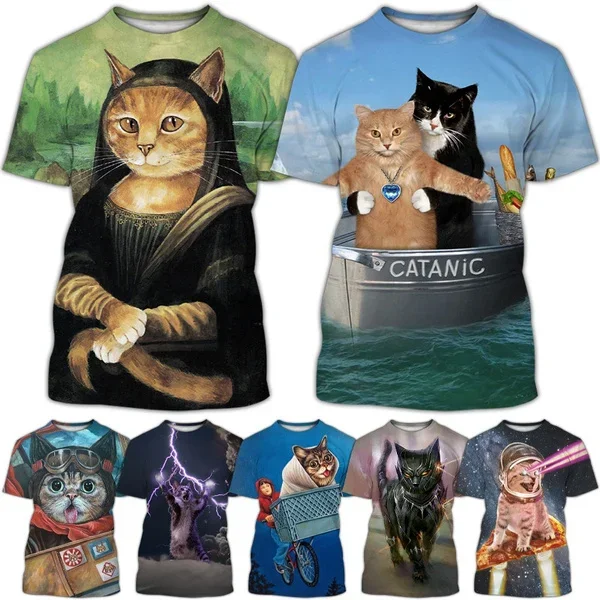 Camiseta unissex de gato gola redonda pulôver estilo de rua engraçado, impressão 3D criativa casual animal fofo, moda verão