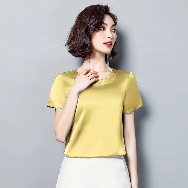 Vintage Artificial silk Short Sleeve Pullover Shirt Summer Elegant Office Lady Acetate satin Blouse chiffon tops blouse large