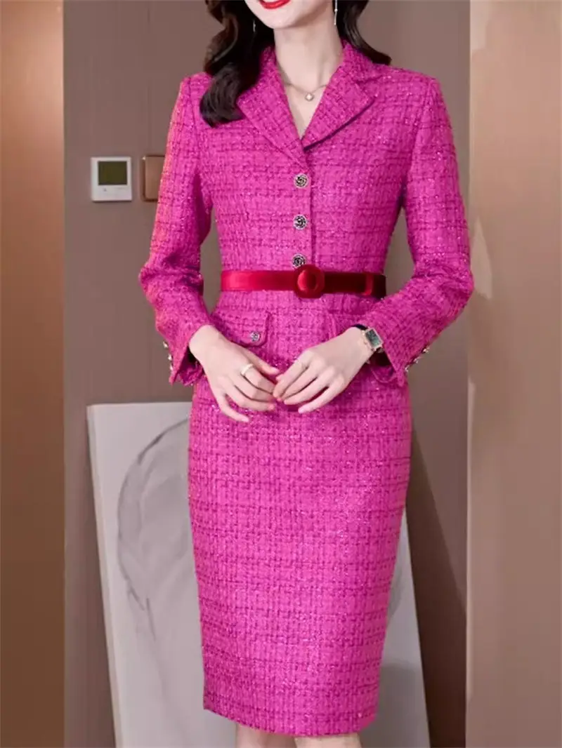 Autumn/Winter Suit Collar Dress For Women 2023 New High End Celebrity Style Slim Thick Tweed Wrapped Hip Dress Office Lady Z4060