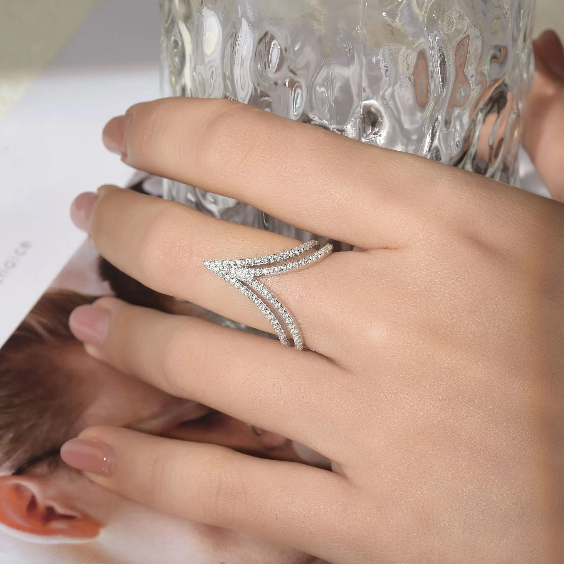 

Unique Double Chevron V 0.5ct Moissanite Eternity Ring S925 Sterling Silver Pave 18K White Gold Plated Statement Ring