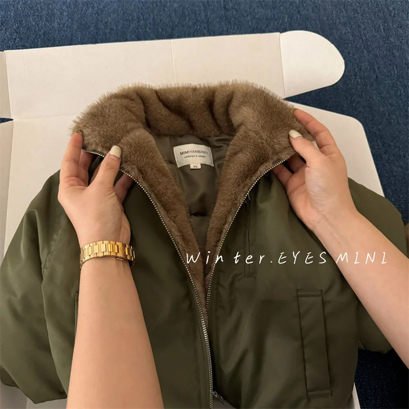 Children's Jacket 2025 Winter New Boys and Girls Solid Color Thickened Jacket Baby Versatile Zipper Shirt Trendy