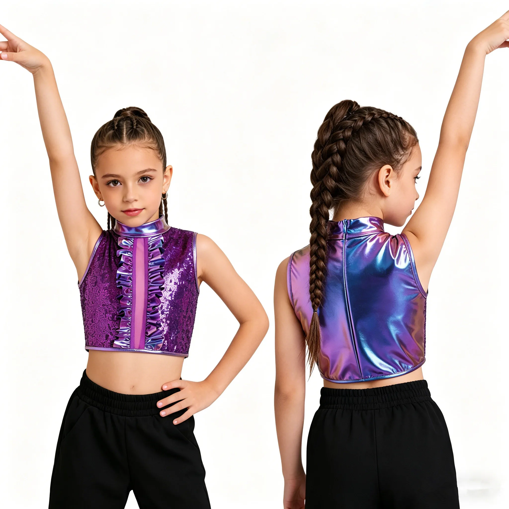 

Детский укороченный топ для девочек в стиле хип-хоп, джаз, уличных танцев, с металлическим блеском, пайетками, молнией, сеткой и рюшами, для вечеринок и сценических выступлений