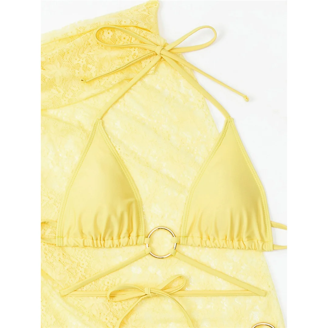Neu mit Sarong-Neckholder-Bikini, Damen-Badebekleidung, dreiteiliges Bikini-Set, Badeanzug mit hohem Beinausschnitt, Badeanzug, Schwimmbekleidung V7612 – Detail 4